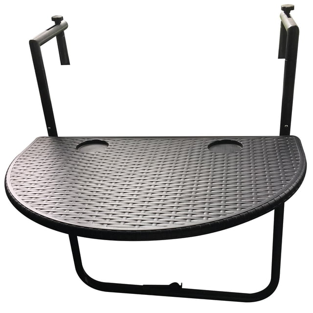 table Pliante 23 Pieds' X 16 Pieds' avec Dessus en Plastique Noir Semi-Circulaire Résistant aux Taches, Doté d'Une texture Tissée et de Deux Porte-Gobelets Intégrés, Montée sur des Pieds en Acier Enduit de Poudre avec Pinces Ajustables pour s'Adapter aux Rampes de Balcon, Idéale pour les Petits Espaces Extérieurs Ou les patios.