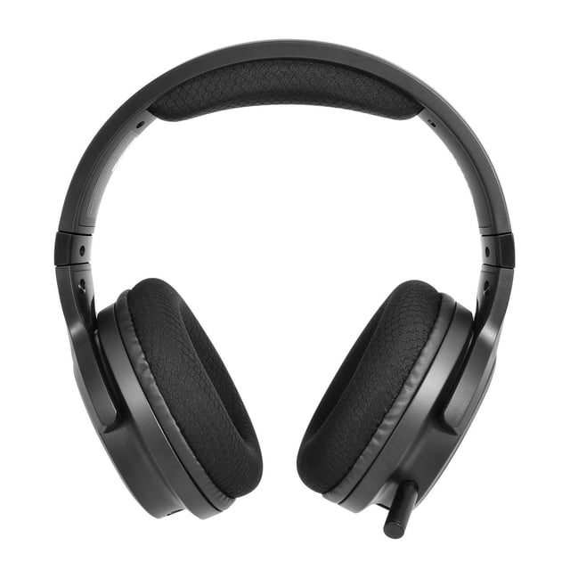 Blackweb Rechargeable Wireless Gaming Headset with adjustable, flexible headband and ultra-soft, 90° rotatable earcups, featuring a retractable boom microphone, volume and mute controls, and a USB receiver stored inside the earcup, shown front-facing on white background, suitable for immersive PC gaming.