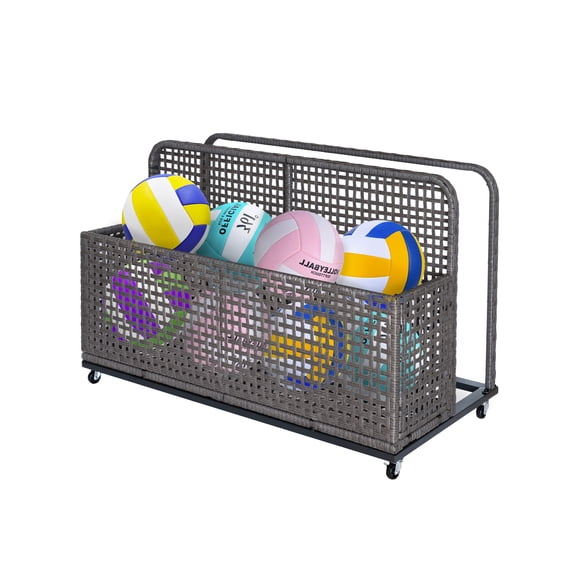 Panier de Rangement au Bord de la Piscine – Grand Panier Extérieur en Rotin PE avec Roues – Organisateur Résistant aux Intempéries – Flotteurs, Jouets et Serviettes – Étagères Latérales Pliables – Patio, Jardin et Plage - Gris