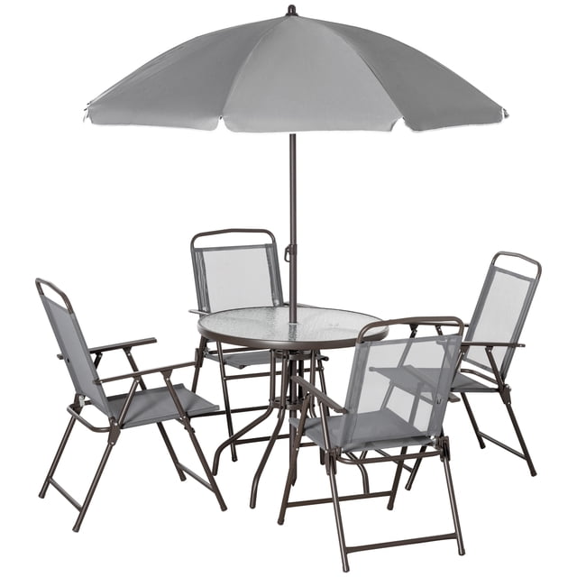 Outsunny Ensemble de Salle à Manger de Patio 6 Pcs avec Parasol Table Ronde Chaises Pliantes. Cet Ensemble de Salle à Manger d'Extérieur Comprend une Table Ronde à Dessus en Verre avec un Trou central pour Parasol, Quatre Chaises Grises Pliables et un Parasol de Patio Gris Assorti. l'Ensemble Est Fabriqué avec un Cadre en Acier durable et un Matériau Texilène Résistant aux Intempéries, Convient à une Utilisation Extérieure Toute l'Année. Idéal pour patios, Jardins Ou Balcons.