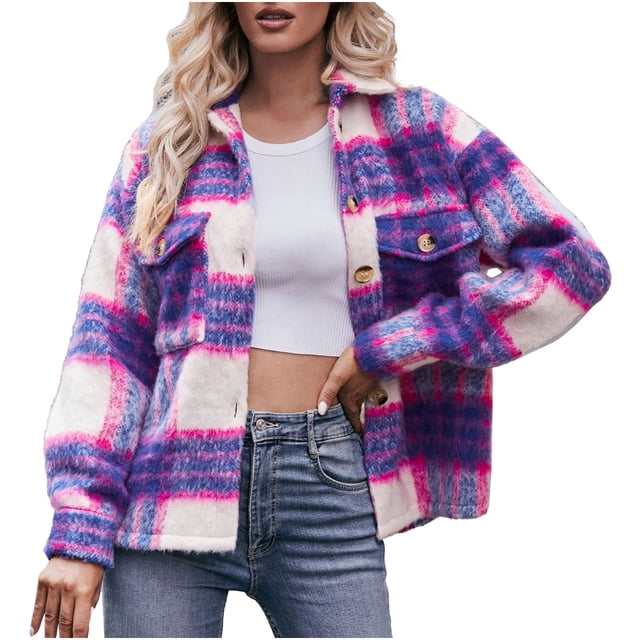 Penkiiy Veste Sans Capuche Ample à Carreaux Imprimée pour Femme P Rose Vif