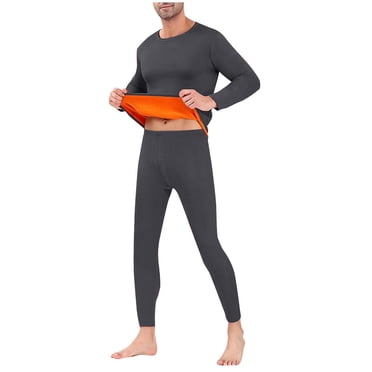 WRKEKC Mens Thermal Underwear Set Solid Color Round Neck Long Sleeve Full Length Pants Fleece Lined Slim Fit Cold Weather Underwear Dark Gray XL