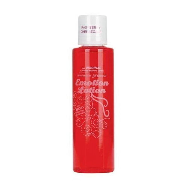 Emotion Lotion Huile de Massage Réchauffante Aromatisée, Saveur de Gâteau au Fromage à la Framboise, Bouteille de 4 oz. Cet Accessoire de Massage à Base d'Eau de Glycérine Rouge Est Compatible avec le Préservatif et Offre un Effet Réchauffant pour la Détente. la Bouteille Présente un Texte de Marque Blanc et un Bouchon Blanc Sécuritaire.