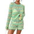 thumbnail image 1 of FOCUSNORM Women 2 Pieces Fall Shorts Outfits Stripe Patchwork Crew Neck Long Sleeve Sweater Knit Tops Shorts Clothes Set, 1 of 8