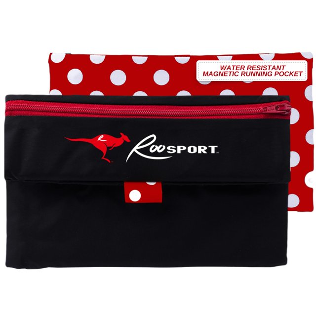 The RooSportPlus Magnetic Running Pouch - Magnetic Pocket to Hold Cell Phone, Wallet, Earphones - Securely Carry Essentials While Running - Magnetic Closure for Convenience - Theme Park Red, Large