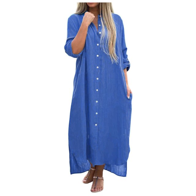 Kcodviy Chemise-Robe Unie pour Femmes Robe à Col Montant pour Femmes Jupe Longue Décontractée Longue Robes Décontractées pour Préadolescentes Robe Cardigan à Manches