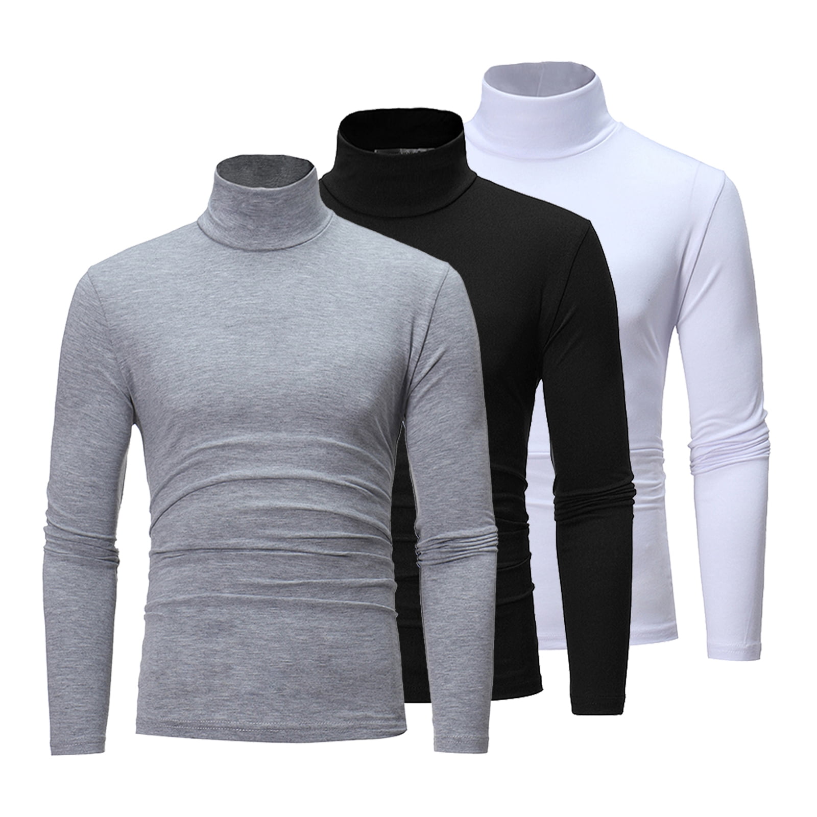 TSSOE Chandails à Col Montant pour Hommes 3 Pcs Manches Longues Col Roulé Chandail Hauts Noir&Blanc&Gris TTG