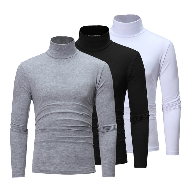 XUNZOO Chandails à Col Montant pour Hommes 3 Pcs Manches Longues Col Roulé Chandail Hauts Noir&Blanc&Gris m