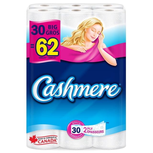 Cashmere Toilet Paper, Hypoallergenic and Septic Safe, 30 big rolls equal to 62 single rolls, featuring 2-ply quilted white sheets in a blue and pink package marked Made in Canada