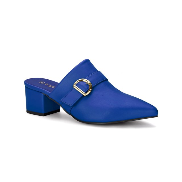 BLISSFUL STEP Women's Shoes Buckle Strap Pointed Toe Chunky Heel PU Vamp Mule Shoes Blue 11