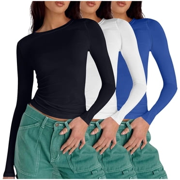AherBiu Ensemble 3 Pcs Femmes Chandails à Manches Longues Basique Ajusté Tendance Hauts Courts Automne sous-Blouses Couche Haut de Sortie