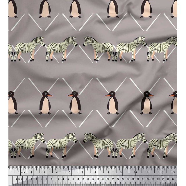 Soimoi Gray Velvet Fabric Penguin & Stripe Animal Print Sewing Fabric BTY 58 Inch Wide