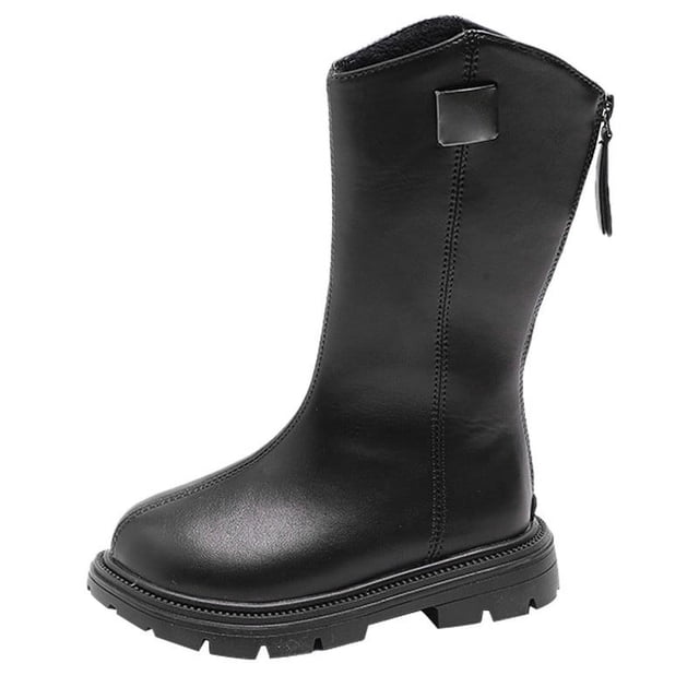 NOKIO Girls Winter Warm Leather Riding Boots Mid Calf Height with Side Zipper, Water-proof Non-Slip Sole, Cozy Pull On Boots for Cold Weather