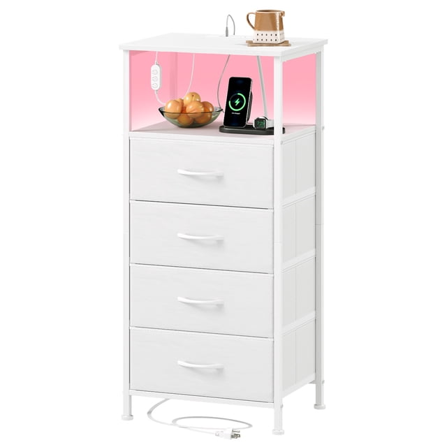 Eunos Commode Blanche pour Chambre à Coucher, Table de Nuit à 4 Tiroirs avec Station de Recharge, DEL et Tablette Ouverte