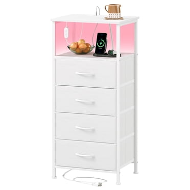 Eunos White Dresser for Bedroom, 4 Drawer Nightstand with Charging Station, LED and Open Shelf