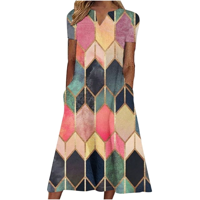 Yuyuzo Robes d'Été pour Femmes 2025 Décontractées de Printemps avec Poches Longue Robe à Manches Courtes Ample Tunique de Plage T-Shirts Robe Maxi
