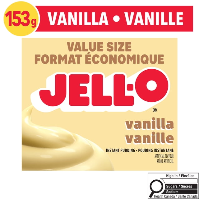 Jell-O Vanilla Instant Pudding Mix 153g value size box showing creamy vanilla pudding swirl, bilingual English-French text, and Health Canada label indicating high sugars and sodium, ideal for quick and easy dessert preparation.