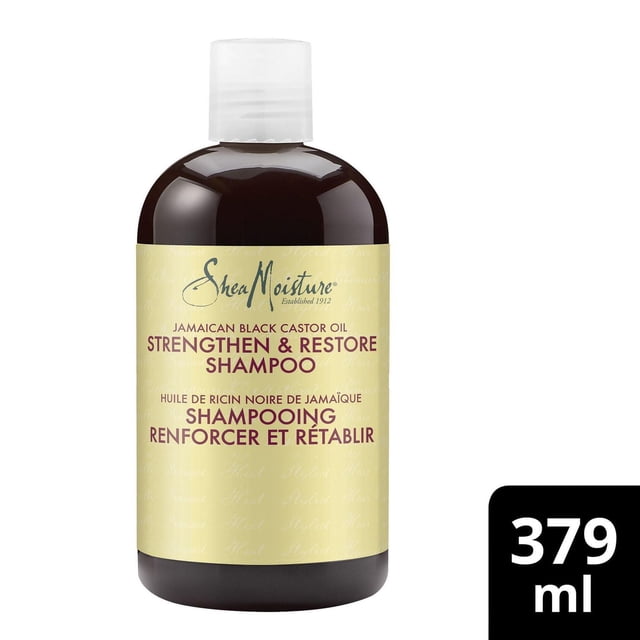 Shea Moisture Shampooing Fortifiant et Réparateur à l'Huile de Ricin Noire Jamaïcaine en Bouteille Brun Foncé de 379 ml avec Étiquette beige et Bouchon Blanc, Shampooing Clarifiant Sans Sulfate Qui Élimine l'Accumulation Tout en Nourrissant et Renforcant les Cheveux Abîmés, Traités Chimiquement Ou Coiffés à la Chaleur.