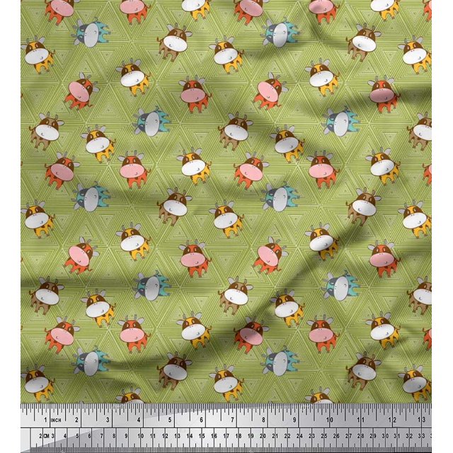 Soimoi Silk Fabric Triangle & Cow Cartoon Fabric Prints by Yard 42 Inch Wide