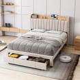 thumbnail image 1 of Twin Size Bed Frame with Drawer, Upholstered Platform Bed Frame with Storage Headboard and Charging Station, Mattress Foundation with Solid Wooden Slats Support, No Box Spring Needed, White, 1 of 8