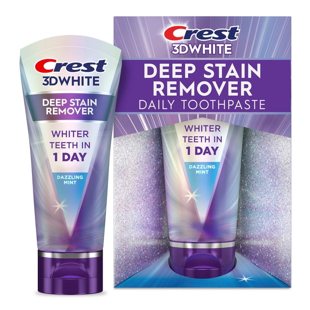 Crest Toothpaste 3DWhite Deep Stain Remover Dazzling Mint 45 ml tube with purple and silver gradient packaging and matching box, featuring enamel-safe whitening technology for whiter teeth in 1 day and daily stain removal.