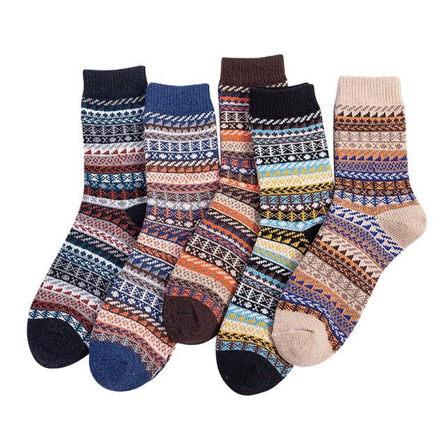 Cozy Socks for Men 5Pairs featuring retro print patterns in assorted colours. These thick knit, middle tube socks are made of soft, stretchy acrylic material, designed for winter wear. Each sock measures approximately 21x20 cm (8.27x7.87 inches) and includes a non-slip silicone backing for added safety. The package includes five pairs of warm, fashionable socks suitable for most sizes.