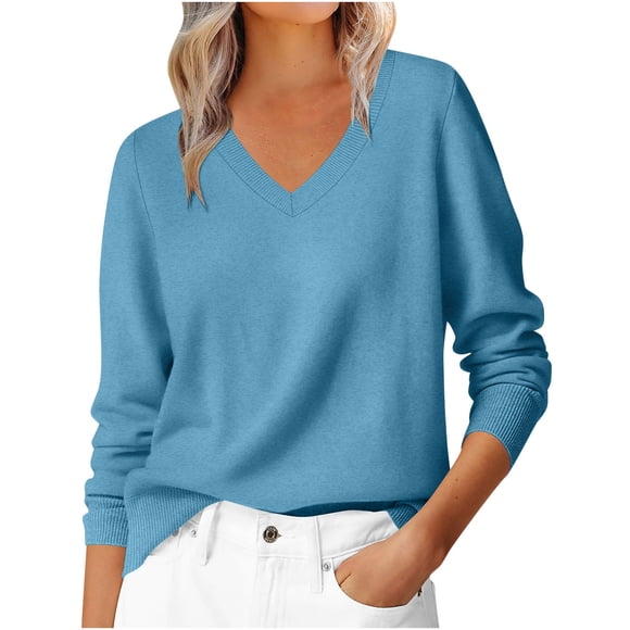 HAiming Women's Long Sleeve Shirt V Neck Knit Tops Casual Soft Classic Pullover Sweater Spring Clothes Blue L