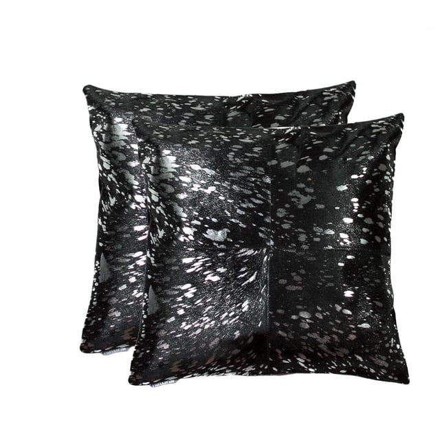 TORINO QUATTRO COWHIDE PILLOW 18"X18" 2-PACK with two square pillows made from 100% natural Indian cowhide in black with silver speckled pattern, hand-stitched panels, hidden zipper closure, and polyfil insert, ideal for layering in home décor and adding warmth to living spaces.