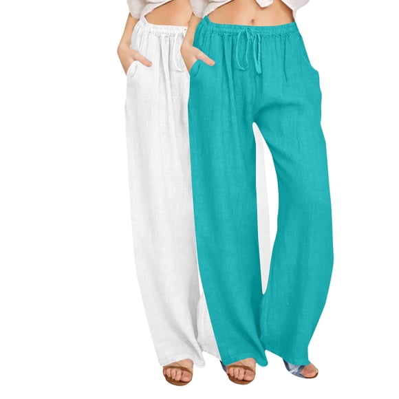 LLYwey Deals Plus Size Dress Pants Ladies Casual Trousers Solid Drawstring Waist Long Pants with Pocket New Full Length Pants Regular Fitted White M