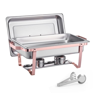 KFFKFF Ensemble de Buffet à Réchaud, 8 Qt, Lot de 2, Réchaud en Acier Inoxydable avec 2 Poêles Pleine Grandeur, Chauffe-Restaurant Rectangulaire avec Couvercle, Support de Casserole à Eau et Porte-Carburant, pour Mariage Fête Banquet, Or Rose