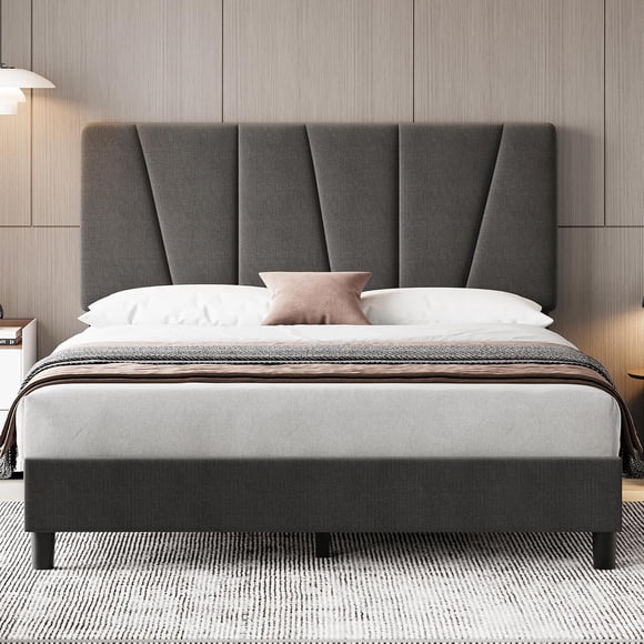 Queen Size Bed Frame with Adjustable Headboard, Linen Upholstered Platform Bed Frame with Strong Wooden Slats, Mattress Foundation, No Box Spring Needed, Easy Assembly, Gray