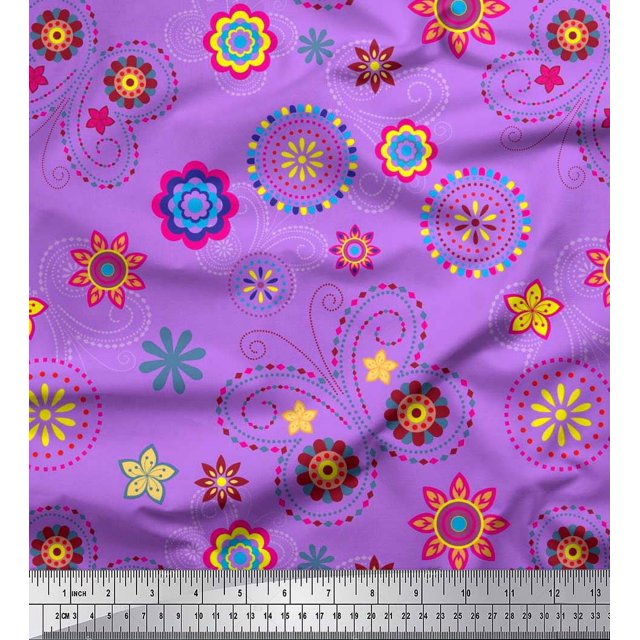 Soimoi Purple Rayon Fabric Insect & Floral Clip Art Printed Fabric 1 Yard 56 Inch Wide
