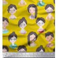 thumbnail image 1 of Soimoi Yellow Poly Georgette Fabric Women Face Human Figure Printed Fabric 1 Yard 42 Inch Wide, 1 of 5
