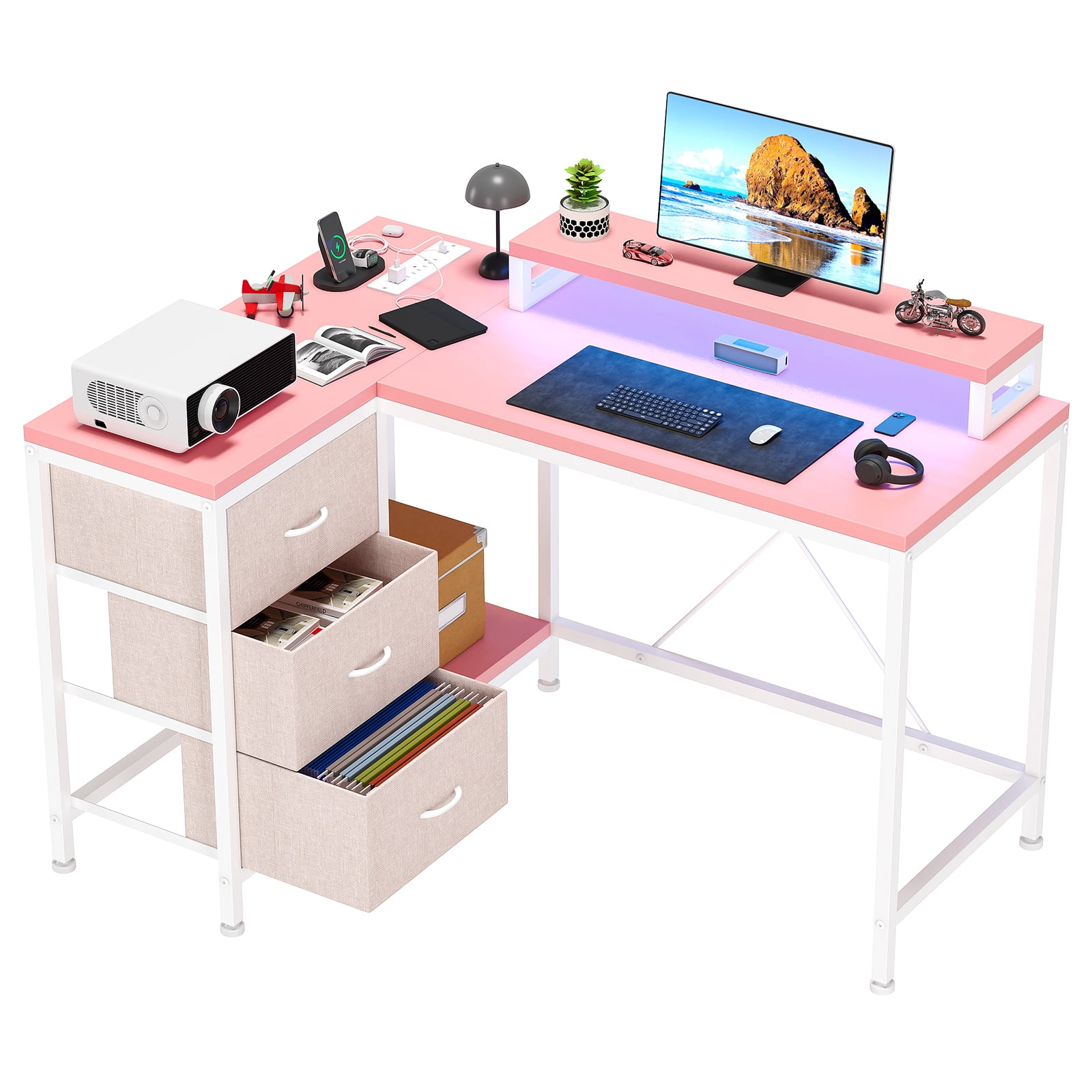 EastVita L Shaped Desk Computer Desk Gaming Office Table LED Lights, with Drawers Shelves