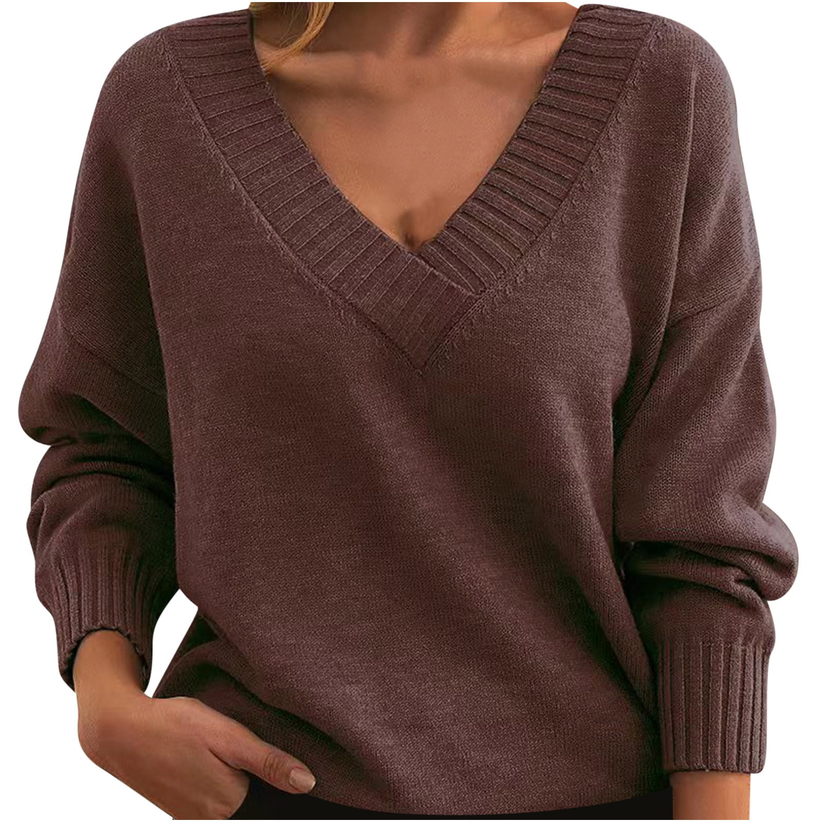 Timegard Hauts pour Femmes Col en V Profond Manches Longues Ample Confortable Chandail à Enfiler Automne Hiver Décontracté Hauts Chandail