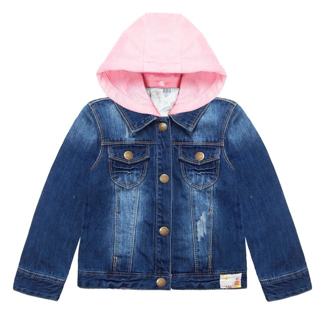 KIDSCOOL SPACE Little Girl Pink Detachable Hood Flower Embroidered Jean Jacket Female, 9-10 Years