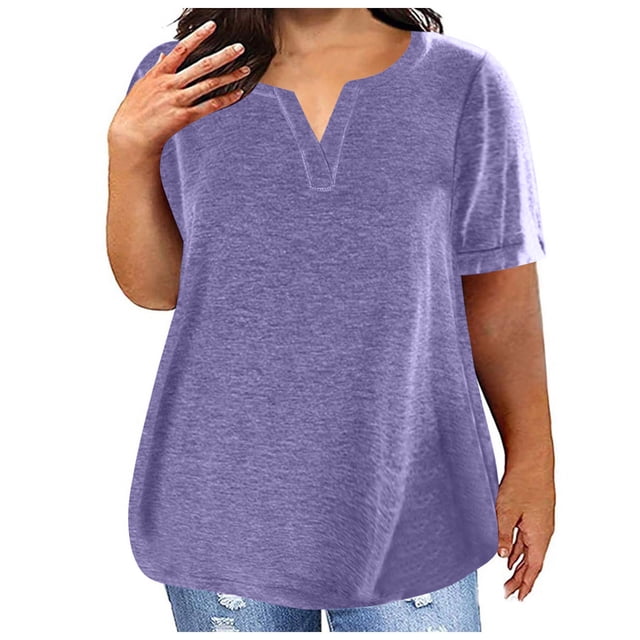Timegard Plus Size Tops for Women V-Neck Short Sleeve Solid Color Comfy Basic Tee Casual Loose Tops