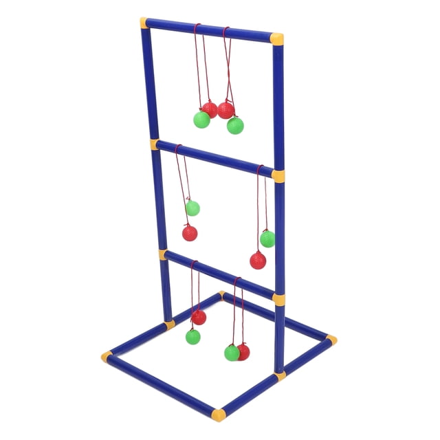 Ladder Toss game set featuring a blue ABS frame with yellow connectors and three horizontal rungs. Includes 12 small balls in red and green, attached to ropes for tossing. Designed for family fun in the backyard, suitable for ages 3 and up. Easy to assemble with included pipes and connectors.