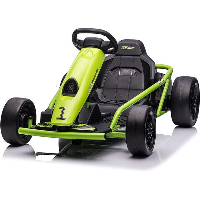 VOLTZ TOYS 24V Electric Drift Go Kart for Kids green single-seat outdoor racer with bucket seat and adjustable safety belt, heavy-duty steel chassis and low center of gravity, dual high-torque motors with 24V rechargeable battery, foot pedal and steering wheel controls, front rubber tires and slick rear drift tires, up to 8 mph (13 km/h), suitable for ages 6–12 on driveways and sidewalks; suitable for beginner drifting practice.