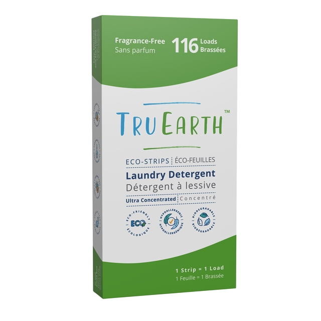 Tru Earth Eco-Strips Unscented Laundry Detergent, 116 Wash Loads — centered front-facing cardboard box showing Tru Earth logo and printed '116 wash loads' and 'Unscented', with several thin pale detergent strips fanned beside it on a white background; highlights fragrance-free, plastic-free, septic-safe performance and compatibility with standard and HE machines; strips are often used as a compact travel laundry solution.