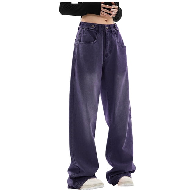 Bmisegm Jeans à Jambe Droite et Grand Taille Haute pour Femmes en Violet, Taille TG. Ces Jeans Longueur au Sol Présentent un design Taille Haute, Coupe Ample et Jambes Larges, en Matériau polyester. Parfaits pour les Bas pour Femmes, Ils Comprennent des Poches avant et une Fermeture à Bouton, Idéals pour une Tenue Décontractée Ou à Agencer avec des Hauts et des Talons Plus Courts.