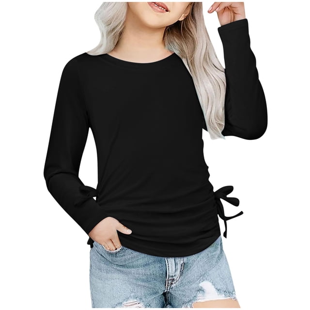 Sunnyoo T-Shirt Décontracté pour Petites Filles à Manches Longues, Col Rond, Froncé avec Nœud, Tailles 3-14
