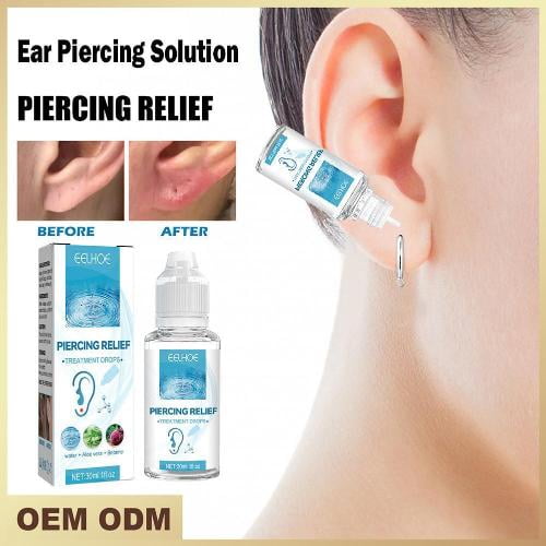 Solution de Soins pour Perçage d'Oreille par YIWUMI, un Produit de Suivi Désinfectant de 30 ml Conçu pour Nettoyer et Entretenir les Oreilles Percées. l'Image Montre le Flacon de Produit avec un Compte-Gouttes, à Côté d'Un Gros Plan d'Une Oreille avec un Perçage. l'Emballage Met en Valeur Ses Avantages, Y Compris Réduire les allergies et Offrir un Parfum de rose Frais. les images avant et après Démontrent Son Efficacité en Nettoyage et en Apaisement des piercings Irrités.