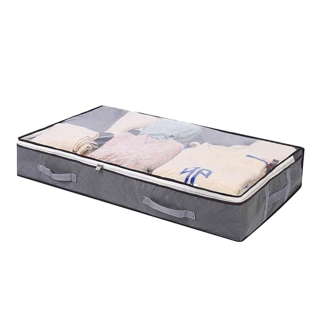 Lutabuo Under Bed Storage Organizer in gray with a sturdy structure and large capacity, measuring 100x50x15cm. Features durable non-woven fabric, reinforced handles, and a clear top window for visibility. Suitable for storing clothing, shoes, blankets, comforters, and toys. Designed for beds 6.5 inches or higher off the ground.