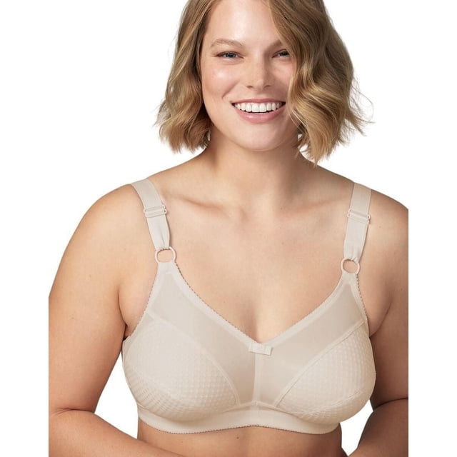 WonderBra Classic Support Wireless Bra in beige with full-coverage M-frame cups made of textured polyester, featuring front adjustable straps and wireless design for comfortable, classic support suitable for everyday wear.