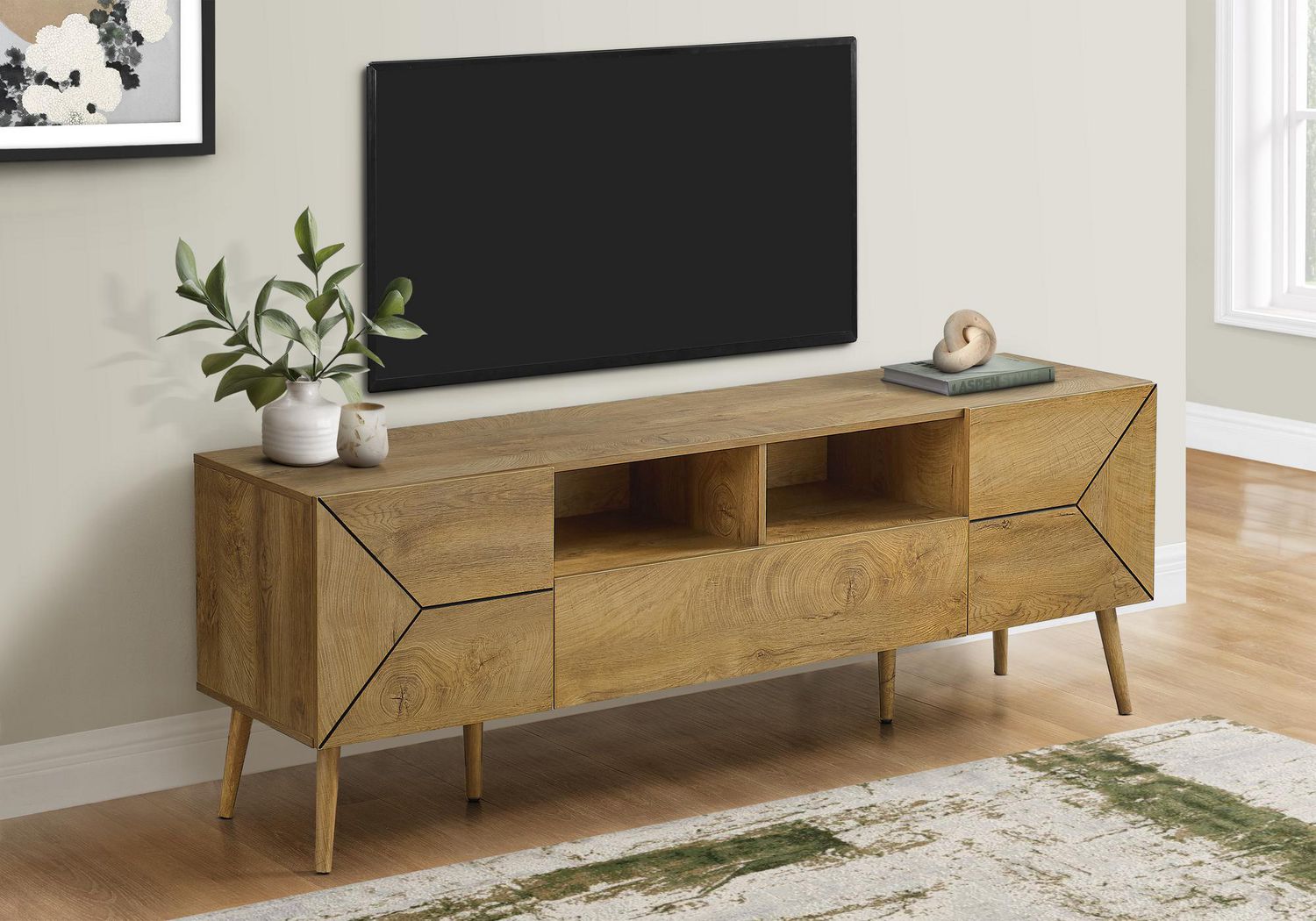Monarch Specialties Meuble Tv, 72 Pouces, Console, Centre De Divertissement Média, Tiroir De Rangement, Stratifié Noyer, Mid Century, Moderne