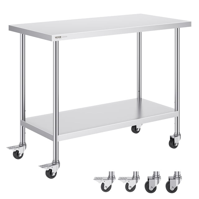 VEVOR Stainless Steel Work Table Commercial Prep Table, 24x48 inch, made with NSF-certified SUS201 stainless steel for superior rust resistance. Features adjustable shelves and four swivel casters, including two with brakes. Suitable for kitchens, restaurants, and workshops, and ideal for tasks like kneading dough or cutting meat.