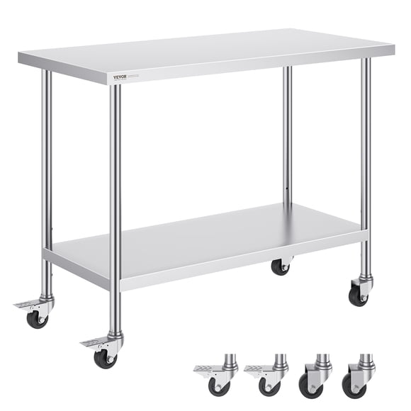 VEVOR Stainless Steel Work Table Commercial Prep Table 24x48 Inch With 4 Casters