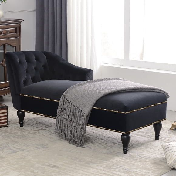 Noble House 58" Velvet Chaise Lounge,Button Tufted Right Arm Facing with Nailhead Trim & Solid Wood Legs,Black
