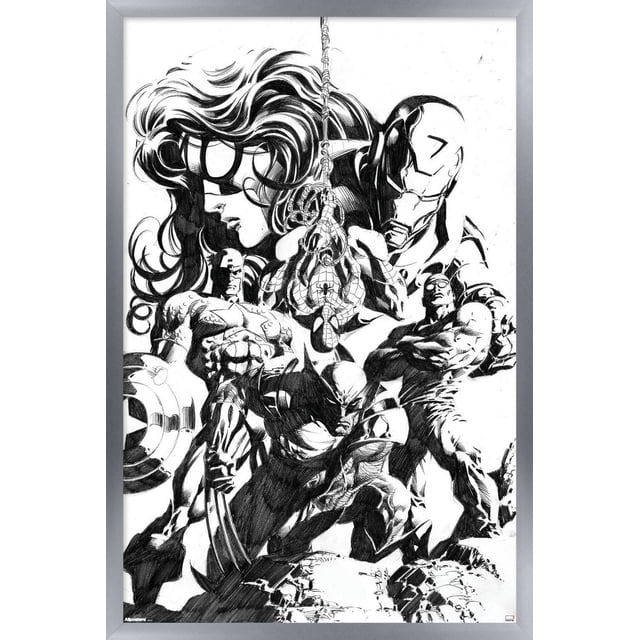 Marvel Sketch - Group Wall Poster, 14.725" x 22.375" framed, featuring a black and white pencil sketch of Marvel superheroes including Spider-Man hanging upside down from a web in the center, Wolverine crouched with claws extended, Iron Man's helmet on the upper right, Captain America holding his shield on the left, and other heroes in dynamic poses, designed as wall art for home décor and posters collection.